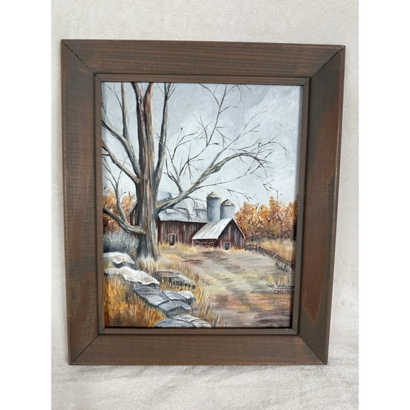 Other - VTG Primitive Original Painting Americana Farm Scene Barn By Connie Law Folk Art